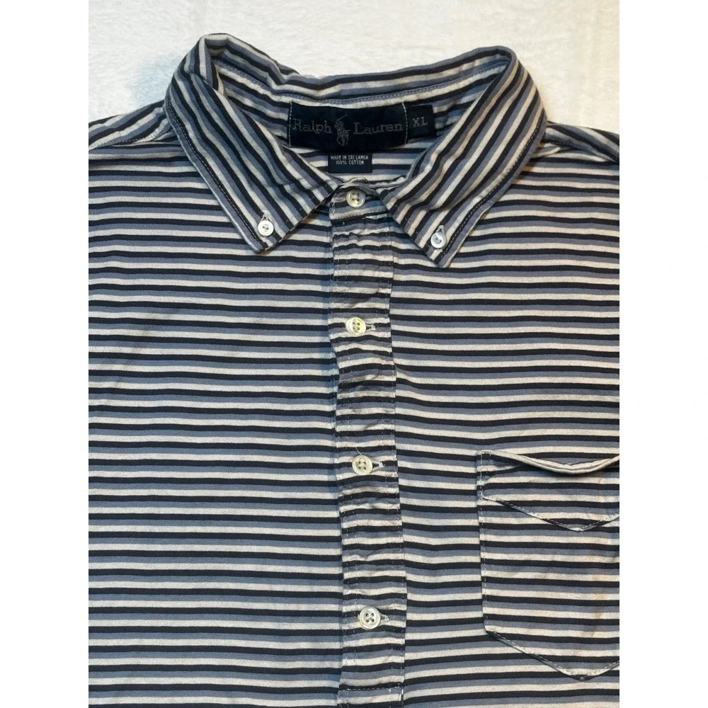 Vintage Ralph Lauren Polo Mens XL Striped Pocket Blue White Button Short Sleeve